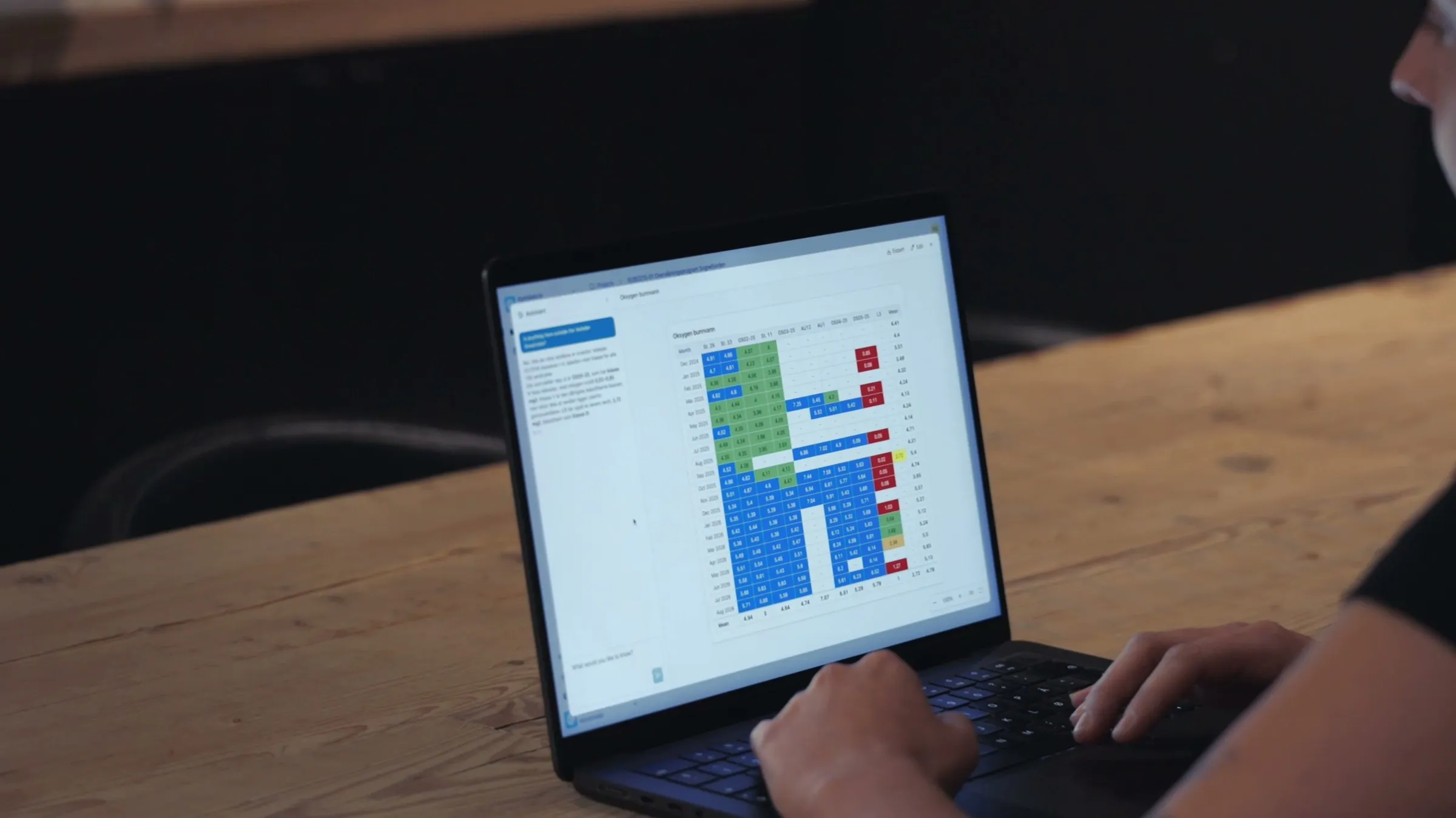 Person ved en bærbar PC med en tabell i Kystdata.io der oksygenmålinger per stasjon og måned er fargelagt etter tilstandsklasse.